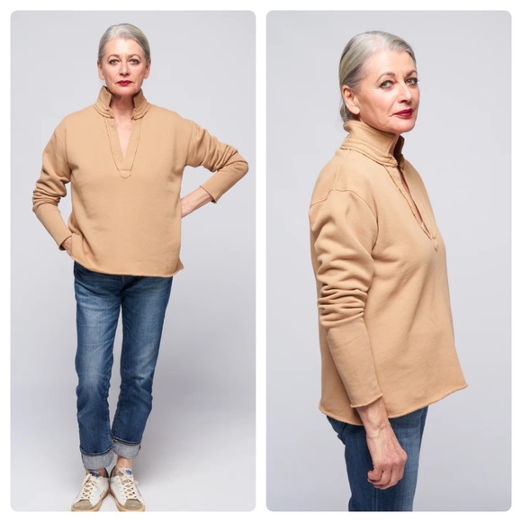 NEW Frank & Eileen Sz S PATRICK POPOVER HENLEY- CAMEL Sweatshirt Raw Cut Relaxed - Picture 13 of 17